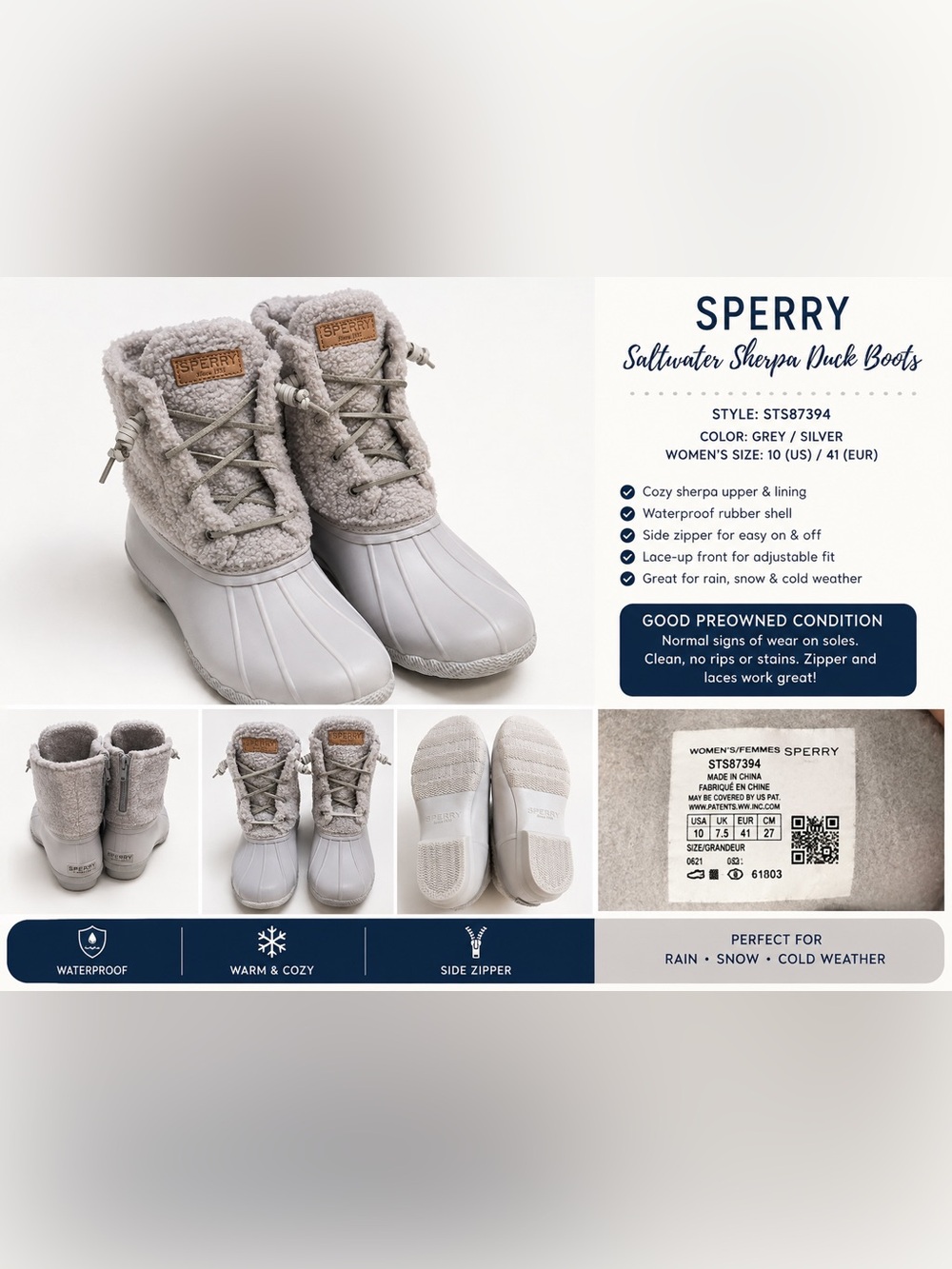 Sperry Saltwater Sherpa Duck Boots Gray Women’s Size 10